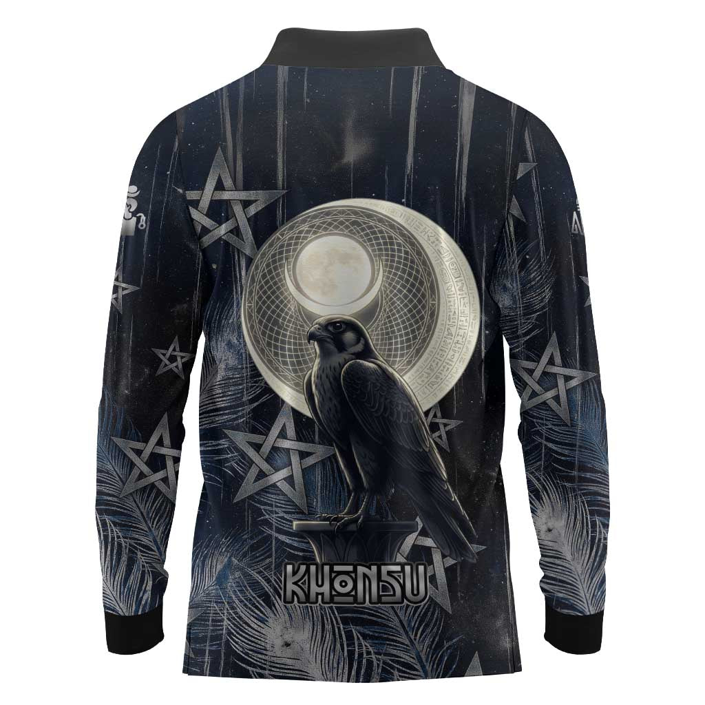 Khonsu Long Sleeve Polo Shirt Ancient Egyptian Dark Feather Pattern, Moonlit Raven Symbol, and Eye Lotus - Wonder Print Shop