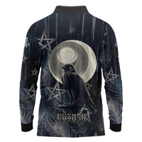 Khonsu Long Sleeve Polo Shirt Ancient Egyptian Dark Feather Pattern, Moonlit Raven Symbol, and Eye Lotus - Wonder Print Shop