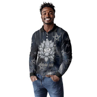 Khonsu Long Sleeve Polo Shirt Ancient Egyptian Dark Feather Pattern, Moonlit Raven Symbol, and Eye Lotus - Wonder Print Shop