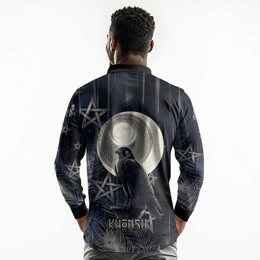 Khonsu Long Sleeve Polo Shirt Ancient Egyptian Dark Feather Pattern, Moonlit Raven Symbol, and Eye Lotus - Wonder Print Shop