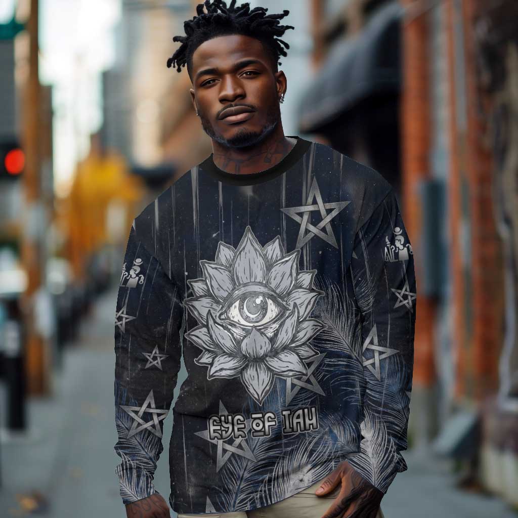 Khonsu Long Sleeve Shirt Ancient Egyptian Dark Feather Pattern, Moonlit Raven Symbol, and Eye Lotus - Wonder Print Shop