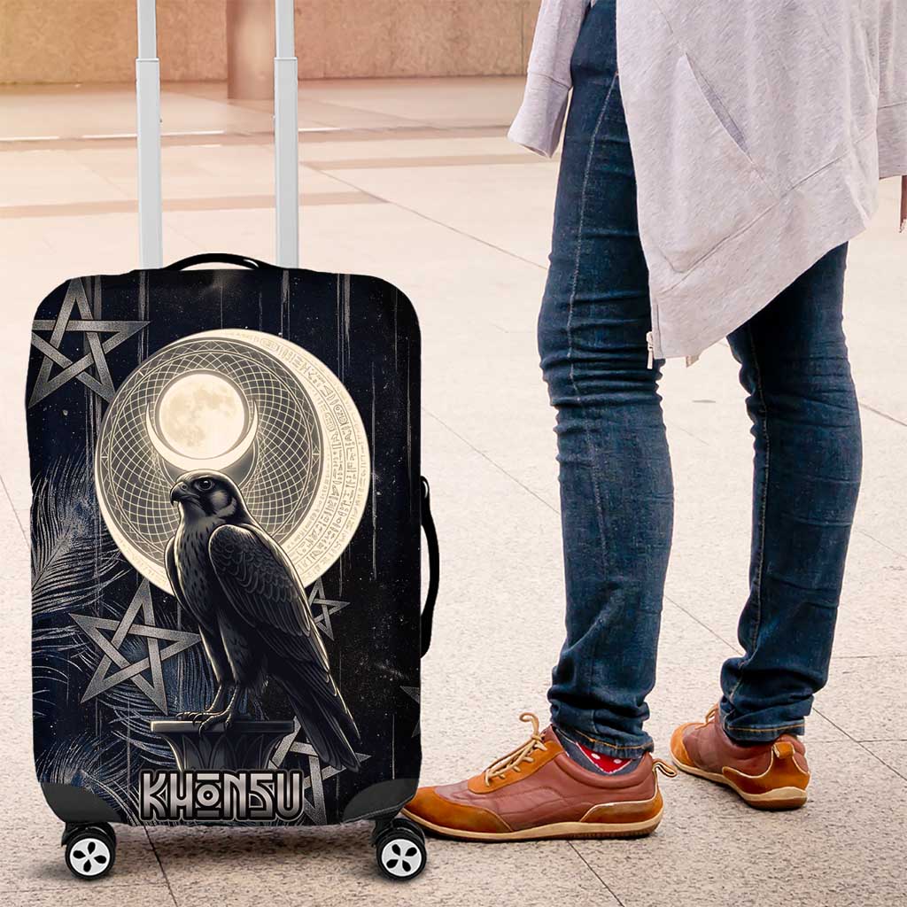 Khonsu Luggage Cover Ancient Egyptian Dark Feather Pattern, Moonlit Raven Symbol, and Eye Lotus - Wonder Print Shop