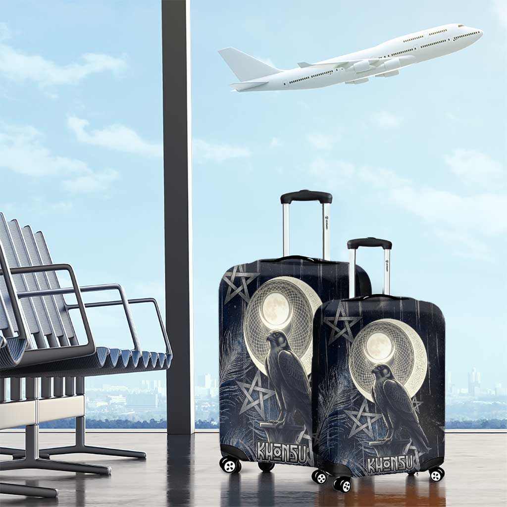 Khonsu Luggage Cover Ancient Egyptian Dark Feather Pattern, Moonlit Raven Symbol, and Eye Lotus - Wonder Print Shop