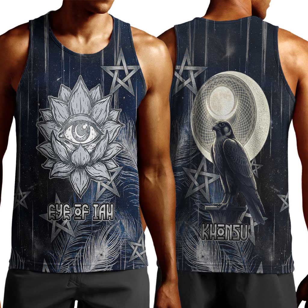 Khonsu Men Tank Top Ancient Egyptian Dark Feather Pattern, Moonlit Raven Symbol, and Eye Lotus - Wonder Print Shop