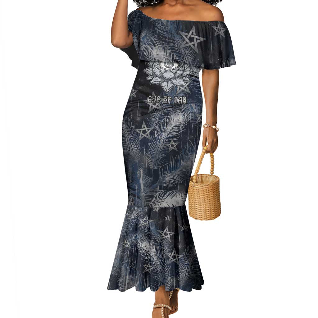 Khonsu Mermaid Dress Ancient Egyptian Dark Feather Pattern, Moonlit Raven Symbol, and Eye Lotus - Wonder Print Shop