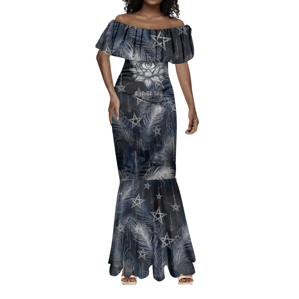 Khonsu Mermaid Dress Ancient Egyptian Dark Feather Pattern, Moonlit Raven Symbol, and Eye Lotus - Wonder Print Shop