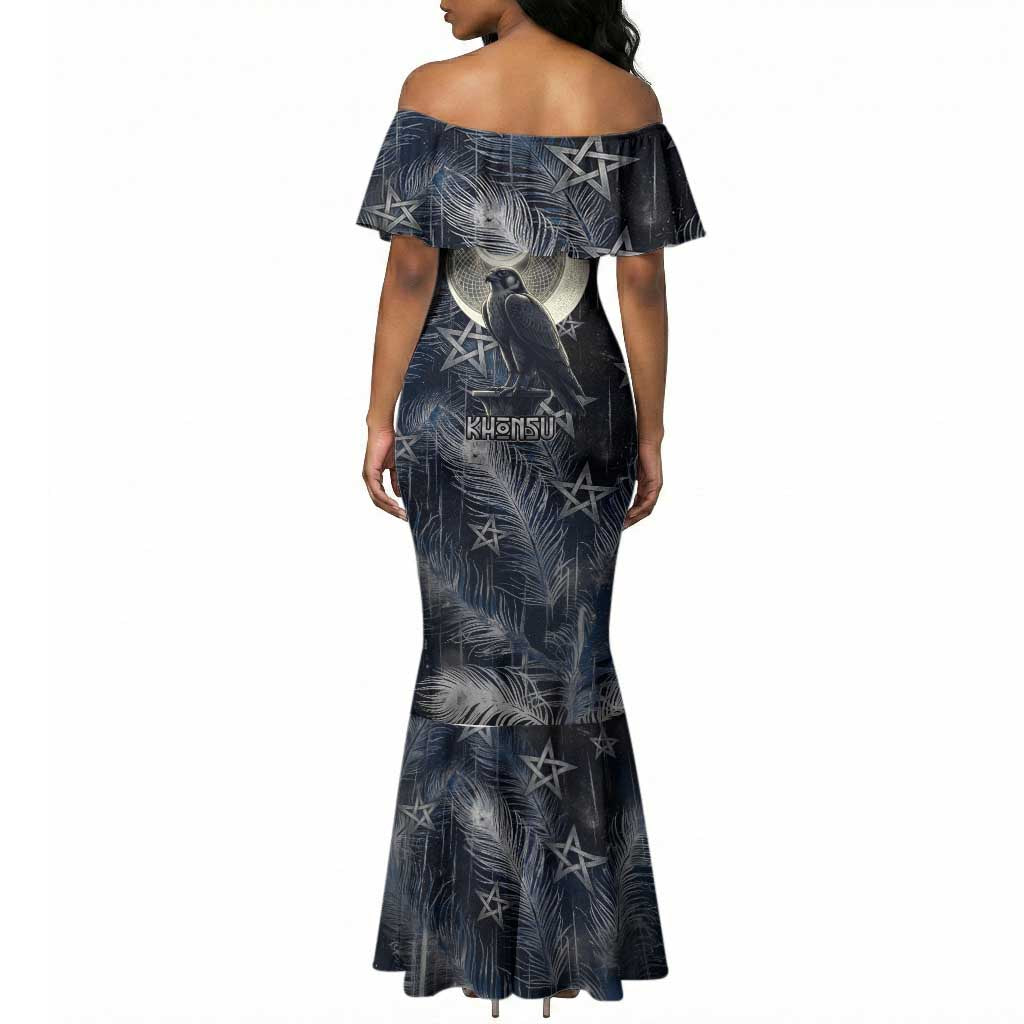 Khonsu Mermaid Dress Ancient Egyptian Dark Feather Pattern, Moonlit Raven Symbol, and Eye Lotus - Wonder Print Shop