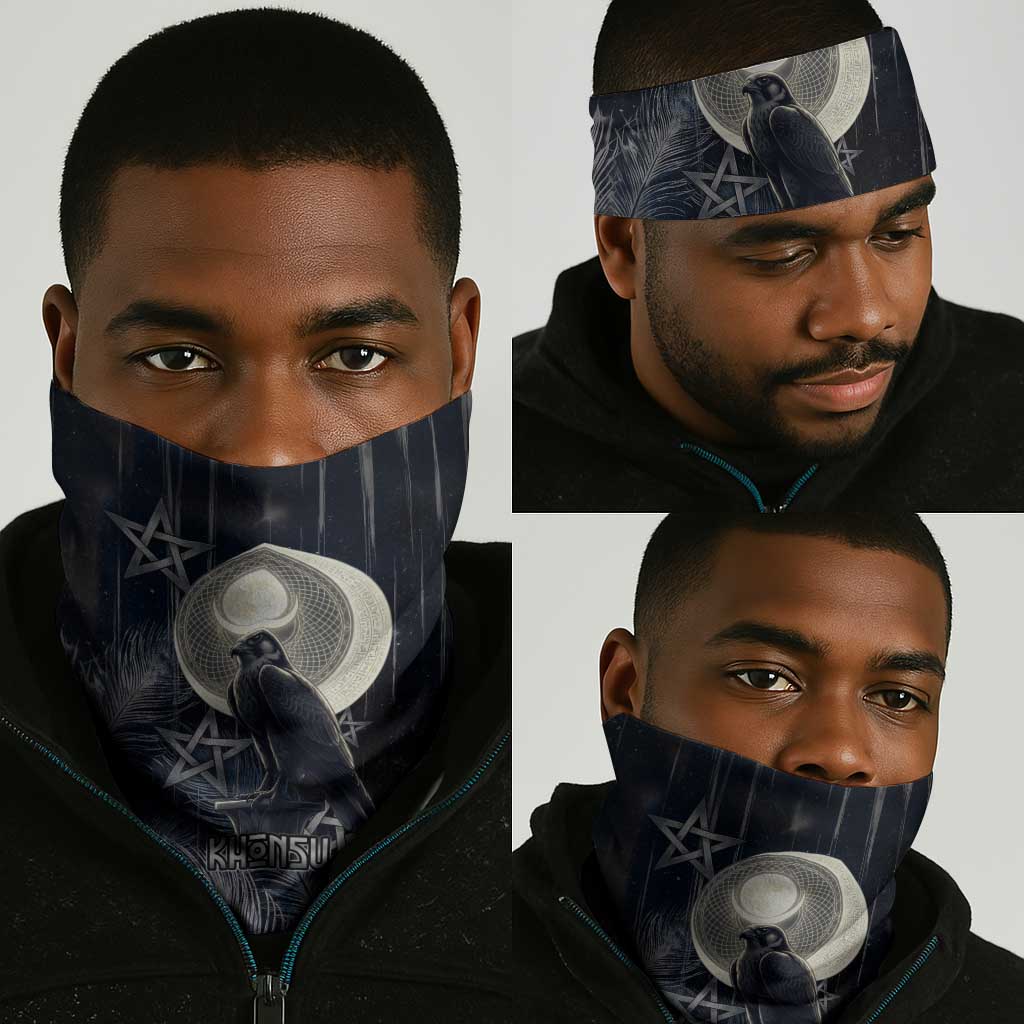 Khonsu Neck Gaiter Ancient Egyptian Dark Feather Pattern, Moonlit Raven Symbol, and Eye Lotus - Wonder Print Shop