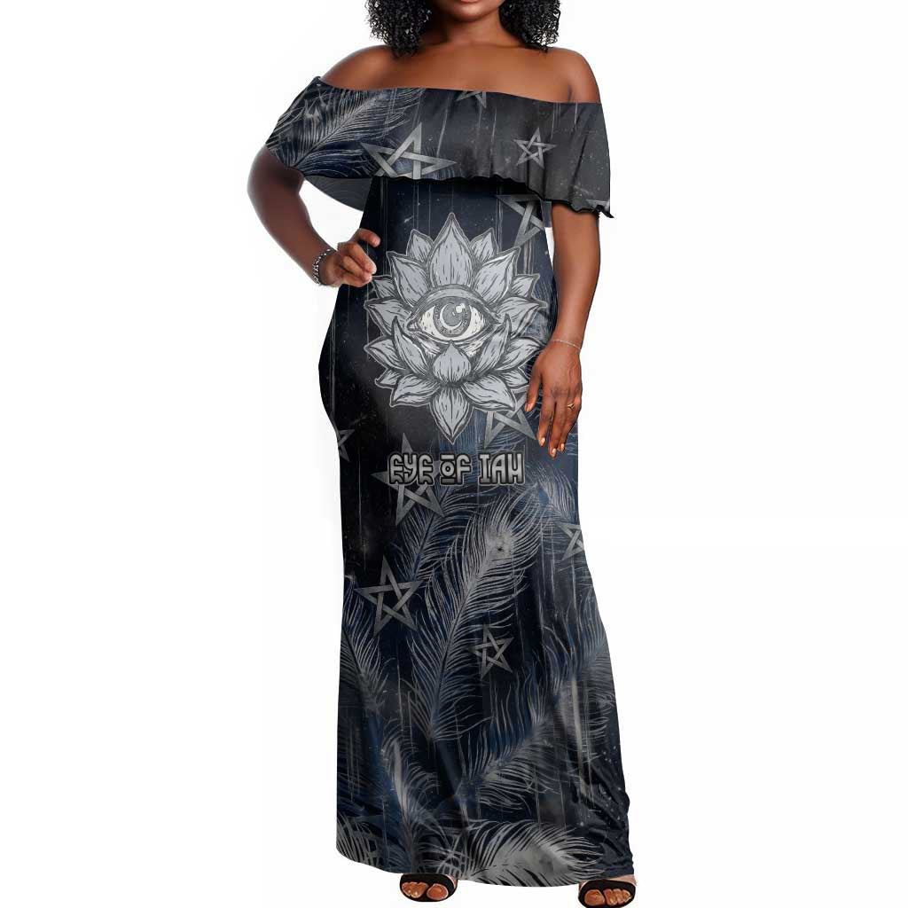 Khonsu Off Shoulder Maxi Dress Ancient Egyptian Dark Feather Pattern, Moonlit Raven Symbol, and Eye Lotus - Wonder Print Shop