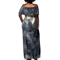 Khonsu Off Shoulder Maxi Dress Ancient Egyptian Dark Feather Pattern, Moonlit Raven Symbol, and Eye Lotus - Wonder Print Shop