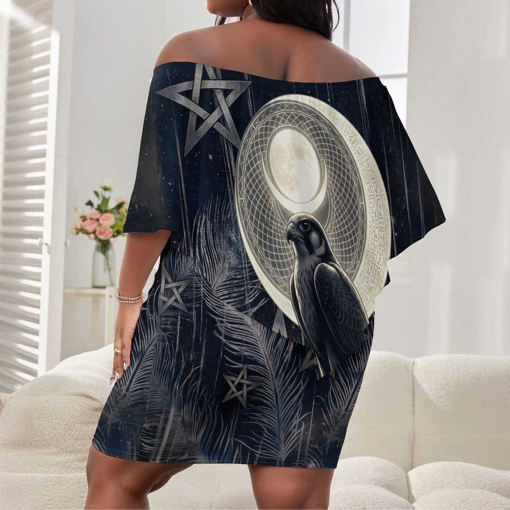Khonsu Off Shoulder Short Dress Ancient Egyptian Dark Feather Pattern, Moonlit Raven Symbol, and Eye Lotus - Wonder Print Shop