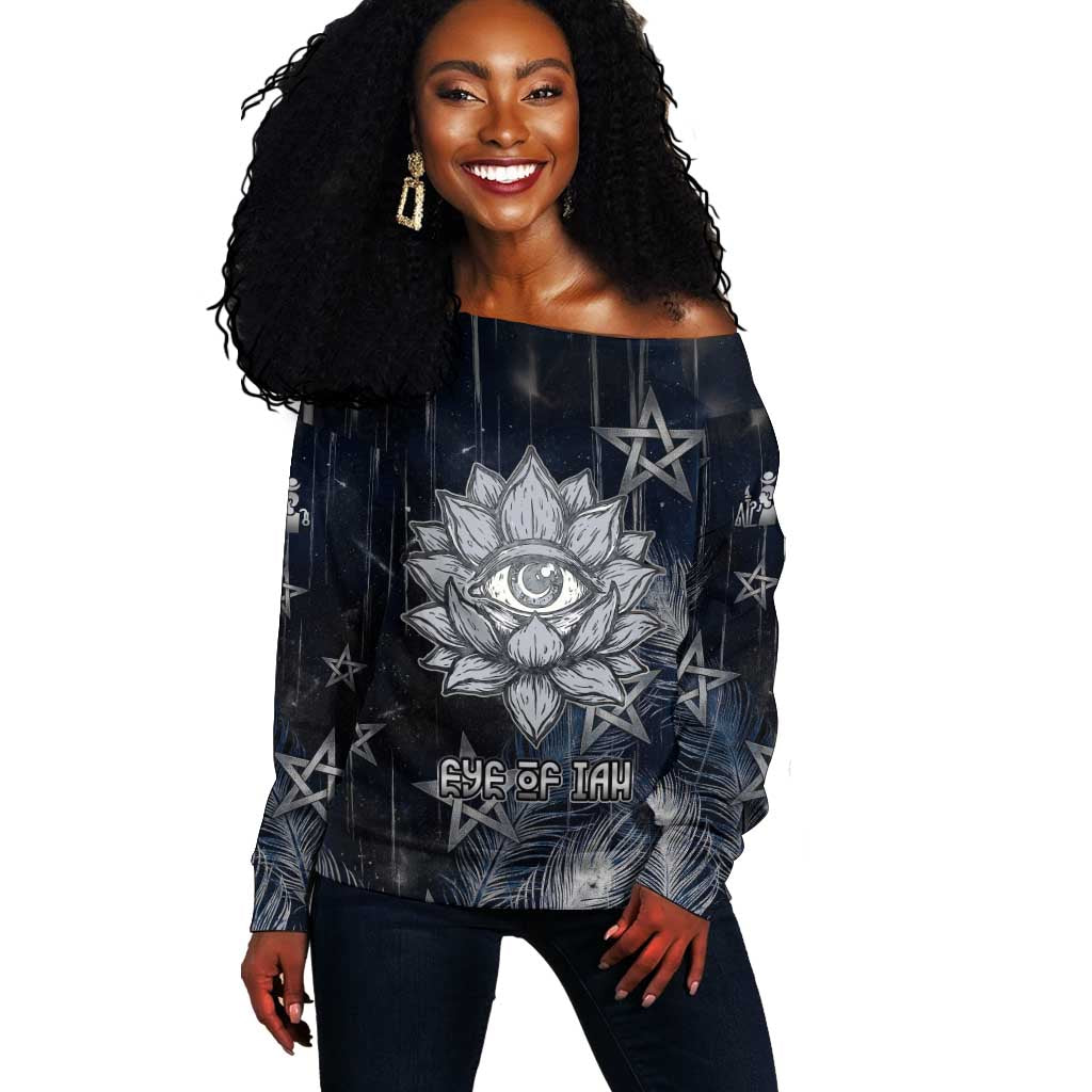 Khonsu Off Shoulder Sweater Ancient Egyptian Dark Feather Pattern, Moonlit Raven Symbol, and Eye Lotus - Wonder Print Shop