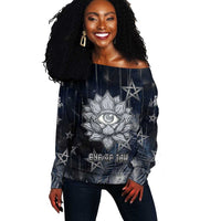 Khonsu Off Shoulder Sweater Ancient Egyptian Dark Feather Pattern, Moonlit Raven Symbol, and Eye Lotus - Wonder Print Shop