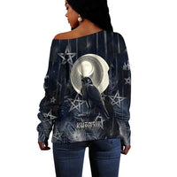 Khonsu Off Shoulder Sweater Ancient Egyptian Dark Feather Pattern, Moonlit Raven Symbol, and Eye Lotus - Wonder Print Shop
