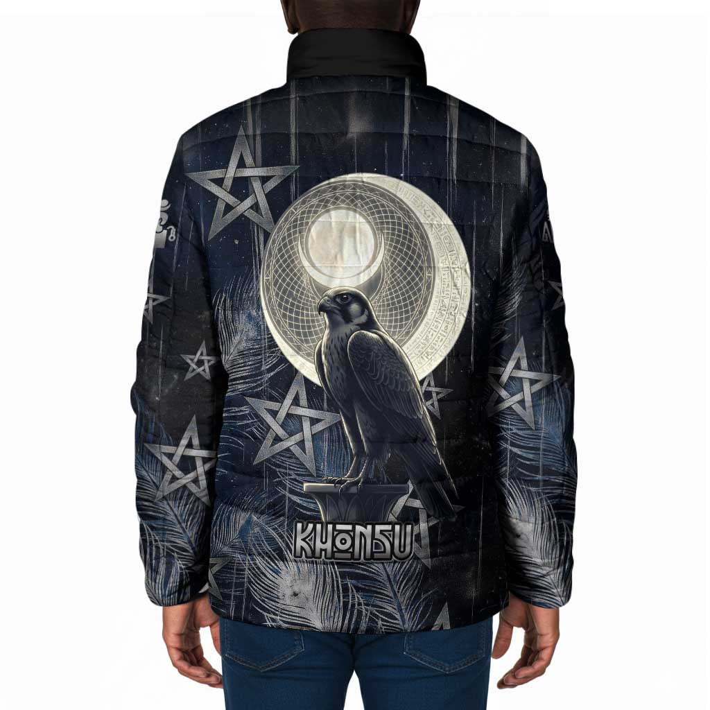 Khonsu Padded Jacket Ancient Egyptian Dark Feather Pattern, Moonlit Raven Symbol, and Eye Lotus - Wonder Print Shop