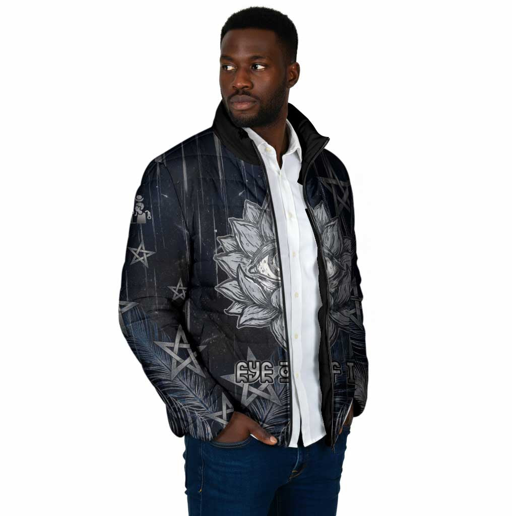 Khonsu Padded Jacket Ancient Egyptian Dark Feather Pattern, Moonlit Raven Symbol, and Eye Lotus - Wonder Print Shop