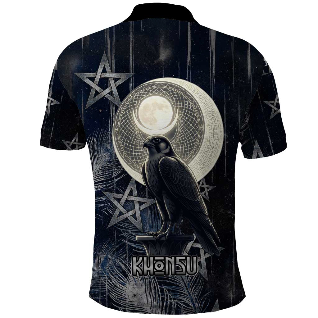 Khonsu Polo Shirt Ancient Egyptian Dark Feather Pattern, Moonlit Raven Symbol, and Eye Lotus - Wonder Print Shop