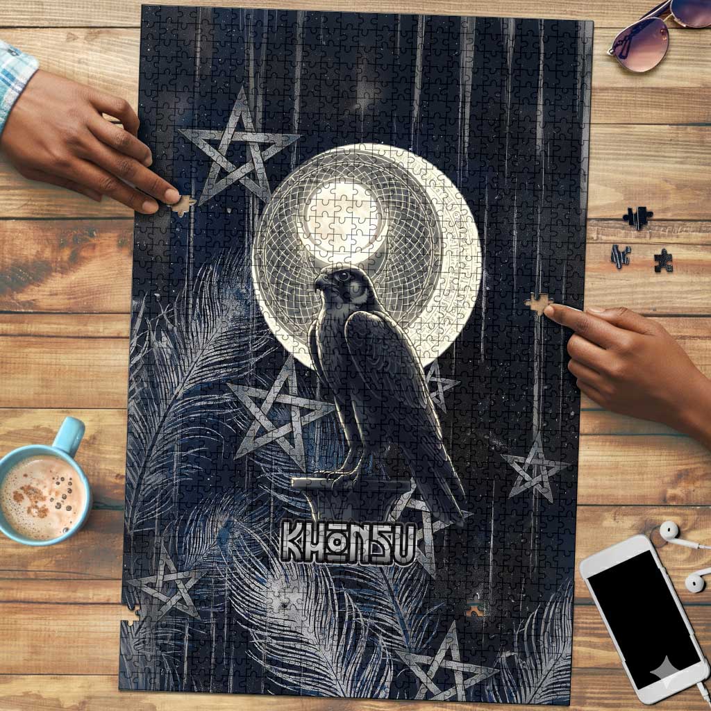 Khonsu Puzzle Ancient Egyptian Dark Feather Pattern, Moonlit Raven Symbol, and Eye Lotus - Wonder Print Shop