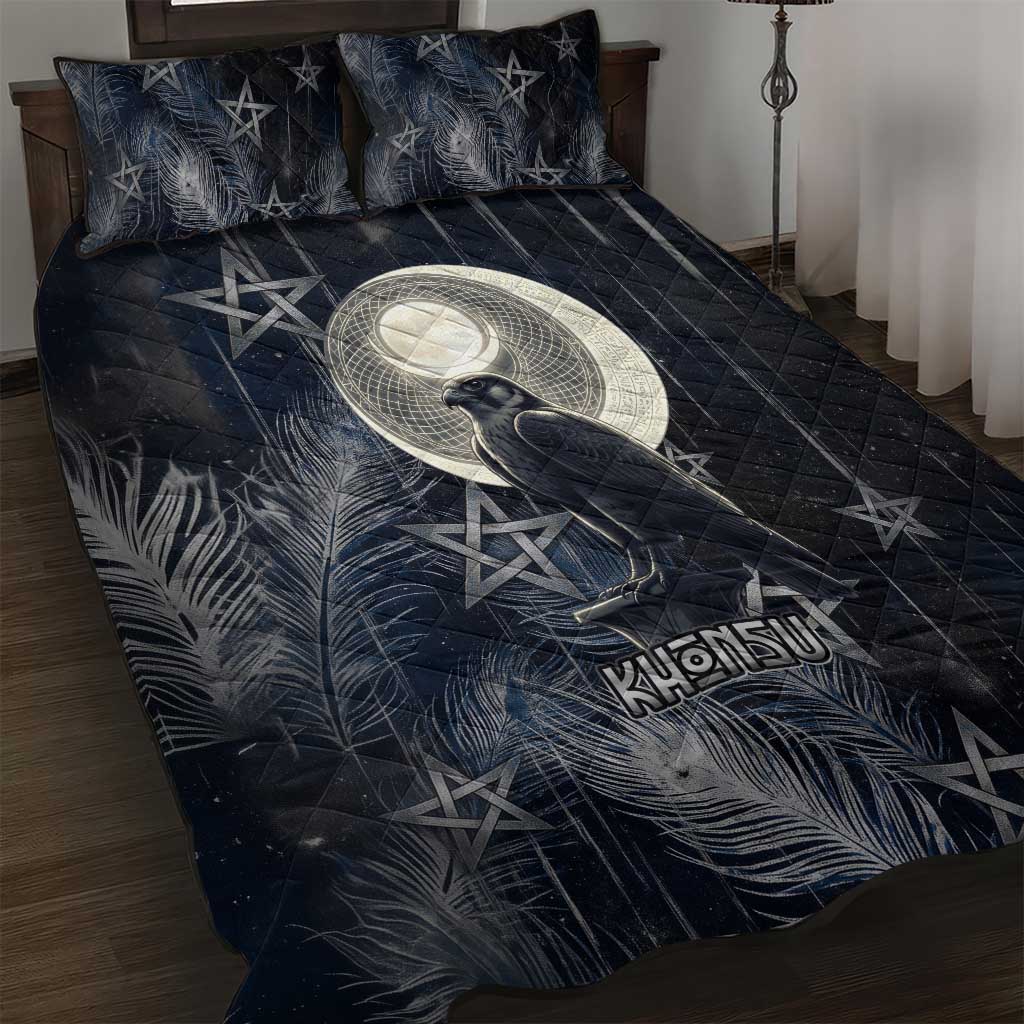 Khonsu Quilt Bed Set Ancient Egyptian Dark Feather Pattern, Moonlit Raven Symbol, and Eye Lotus - Wonder Print Shop