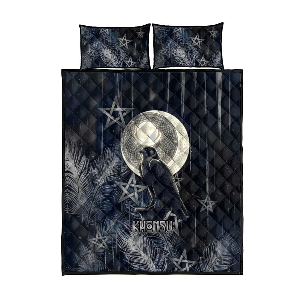 Khonsu Quilt Bed Set Ancient Egyptian Dark Feather Pattern, Moonlit Raven Symbol, and Eye Lotus - Wonder Print Shop