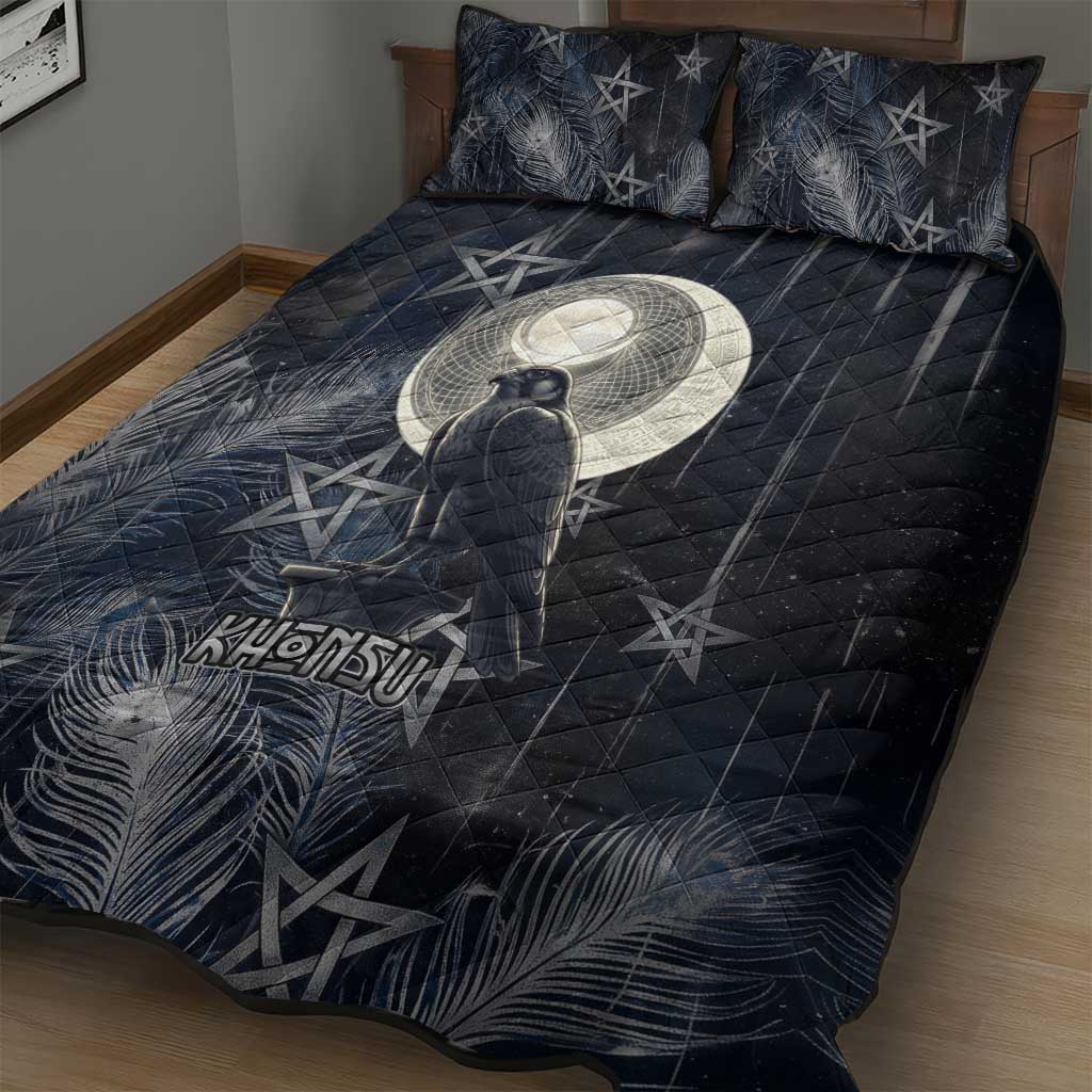 Khonsu Quilt Bed Set Ancient Egyptian Dark Feather Pattern, Moonlit Raven Symbol, and Eye Lotus - Wonder Print Shop