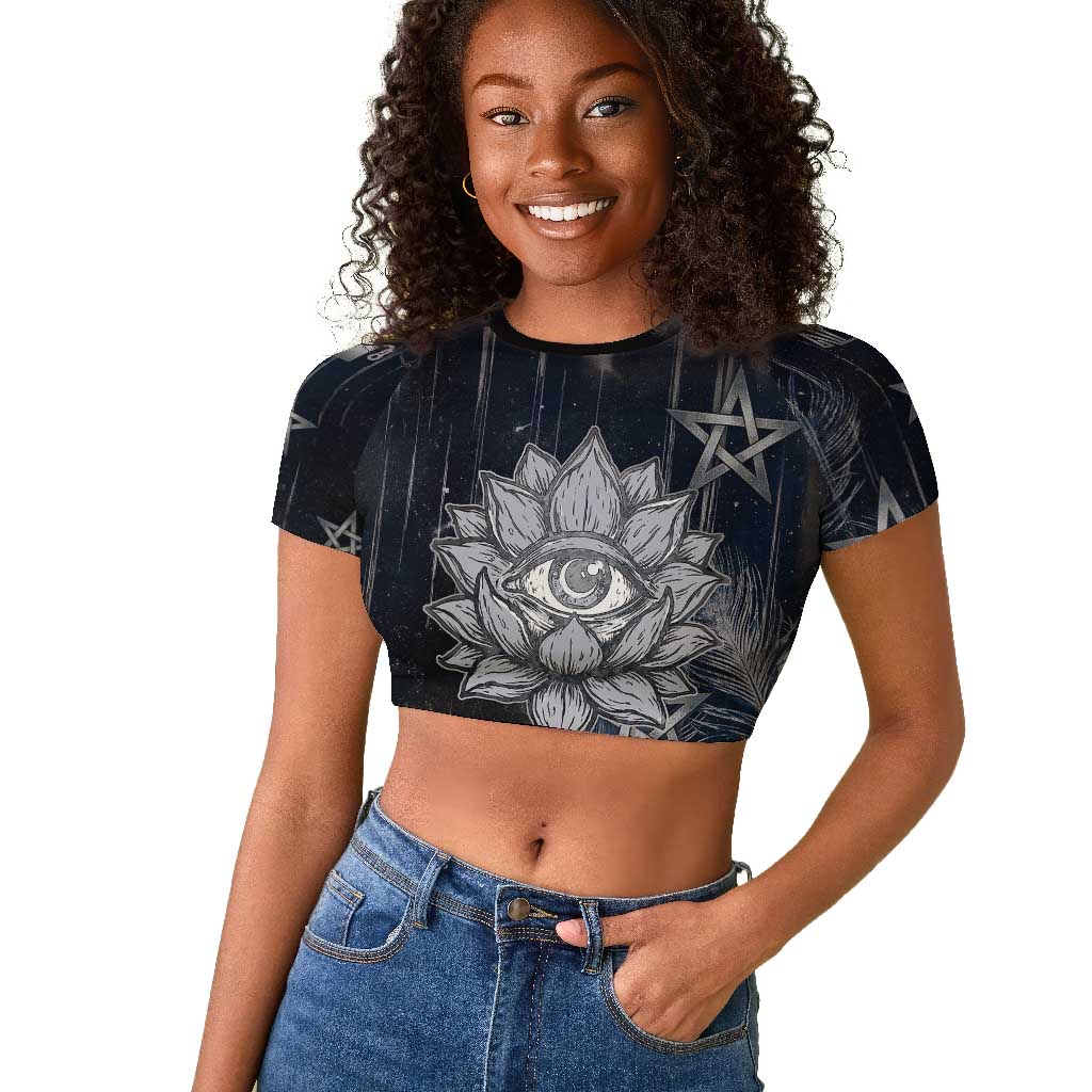 Khonsu Raglan Cropped T shirt Ancient Egyptian Dark Feather Pattern, Moonlit Raven Symbol, and Eye Lotus - Wonder Print Shop