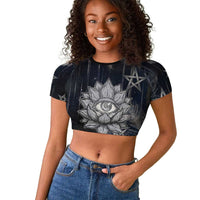 Khonsu Raglan Cropped T shirt Ancient Egyptian Dark Feather Pattern, Moonlit Raven Symbol, and Eye Lotus - Wonder Print Shop