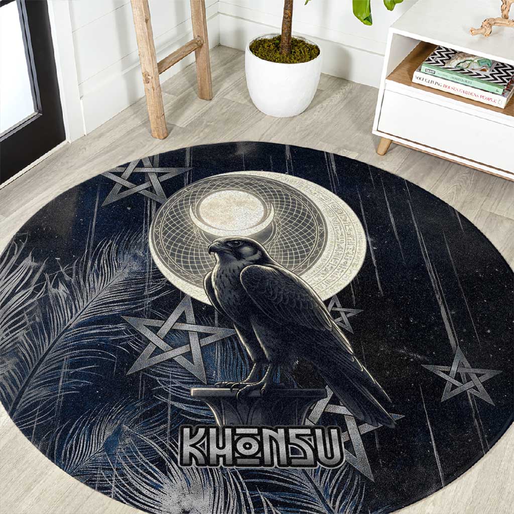 Khonsu Round Carpet Ancient Egyptian Dark Feather Pattern, Moonlit Raven Symbol, and Eye Lotus - Wonder Print Shop