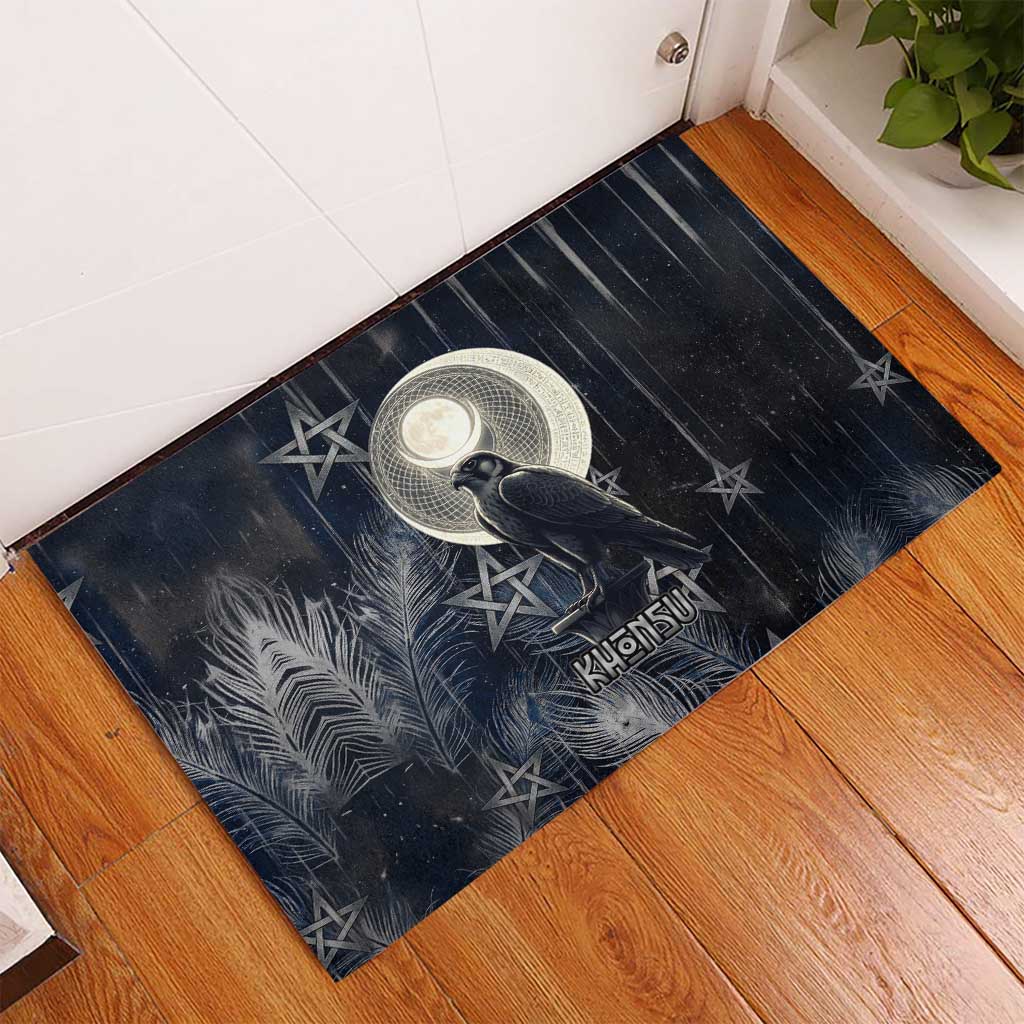 Khonsu Rubber Doormat Ancient Egyptian Dark Feather Pattern, Moonlit Raven Symbol, and Eye Lotus - Wonder Print Shop