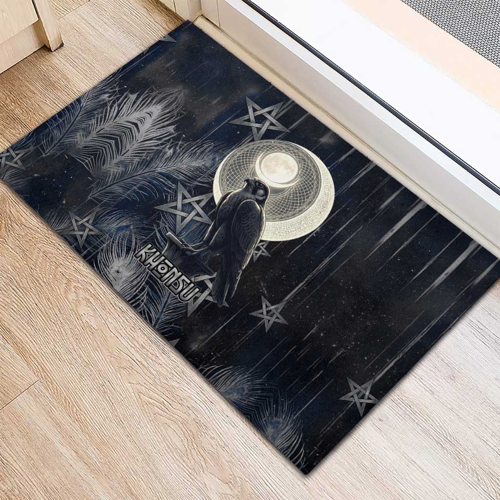 Khonsu Rubber Doormat Ancient Egyptian Dark Feather Pattern, Moonlit Raven Symbol, and Eye Lotus - Wonder Print Shop