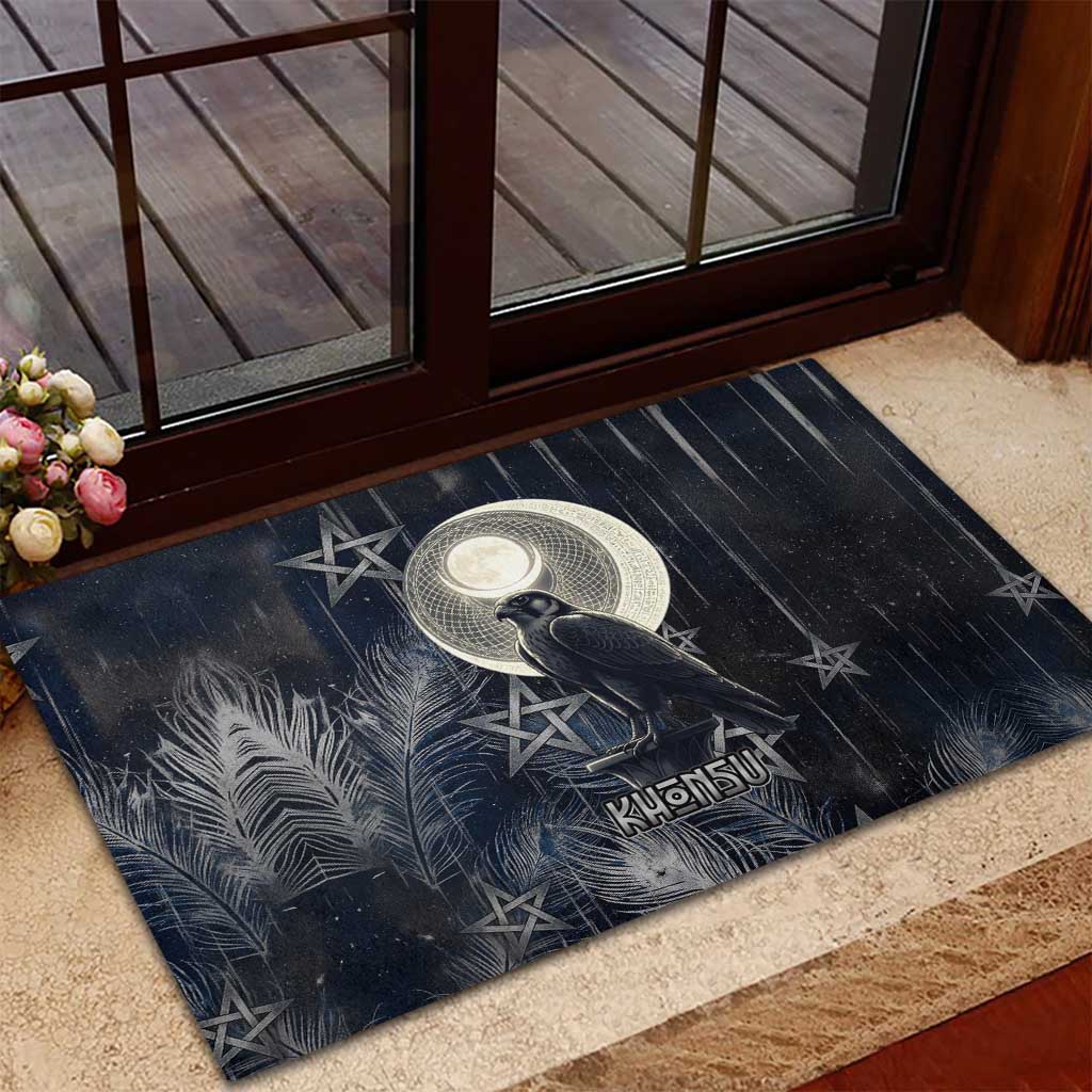 Khonsu Rubber Doormat Ancient Egyptian Dark Feather Pattern, Moonlit Raven Symbol, and Eye Lotus - Wonder Print Shop