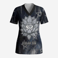 Khonsu Scrub Top Ancient Egyptian Dark Feather Pattern, Moonlit Raven Symbol, and Eye Lotus - Wonder Print Shop