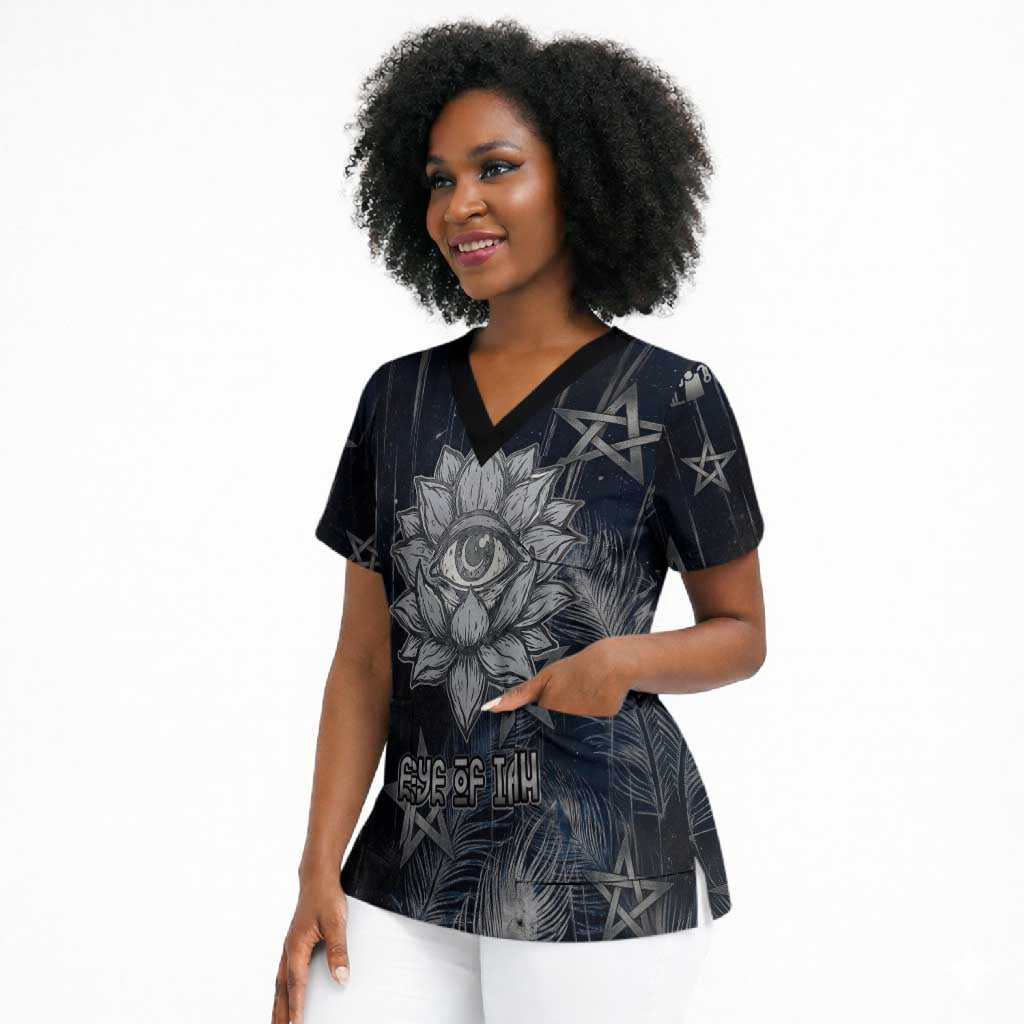 Khonsu Scrub Top Ancient Egyptian Dark Feather Pattern, Moonlit Raven Symbol, and Eye Lotus - Wonder Print Shop