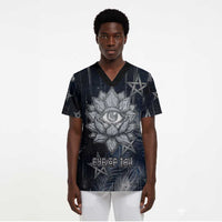 Khonsu Scrub Top Ancient Egyptian Dark Feather Pattern, Moonlit Raven Symbol, and Eye Lotus - Wonder Print Shop