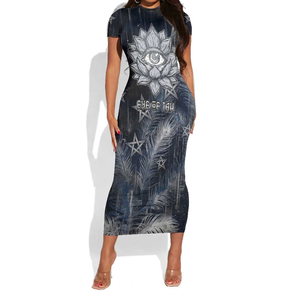 Khonsu Short Sleeve Bodycon Dress Ancient Egyptian Dark Feather Pattern, Moonlit Raven Symbol, and Eye Lotus - Wonder Print Shop
