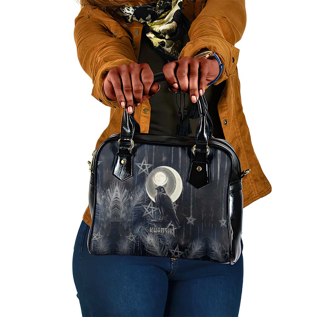 Khonsu Shoulder Handbag Ancient Egyptian Dark Feather Pattern, Moonlit Raven Symbol, and Eye Lotus - Wonder Print Shop
