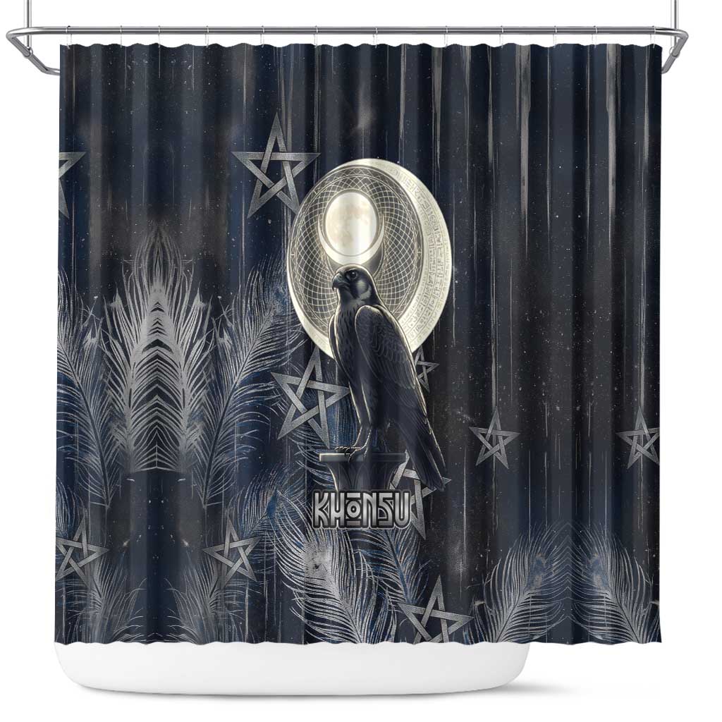 Khonsu Shower Curtain Ancient Egyptian Dark Feather Pattern, Moonlit Raven Symbol, and Eye Lotus - Wonder Print Shop