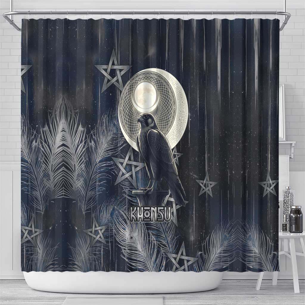 Khonsu Shower Curtain Ancient Egyptian Dark Feather Pattern, Moonlit Raven Symbol, and Eye Lotus - Wonder Print Shop