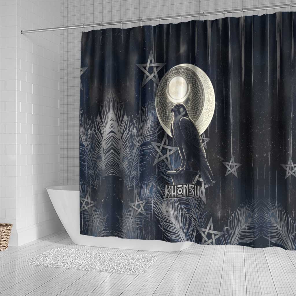 Khonsu Shower Curtain Ancient Egyptian Dark Feather Pattern, Moonlit Raven Symbol, and Eye Lotus - Wonder Print Shop