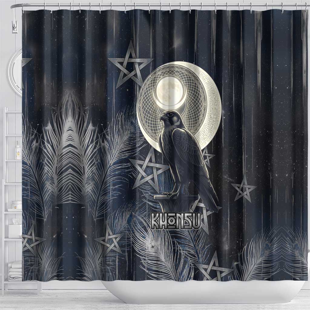 Khonsu Shower Curtain Ancient Egyptian Dark Feather Pattern, Moonlit Raven Symbol, and Eye Lotus - Wonder Print Shop