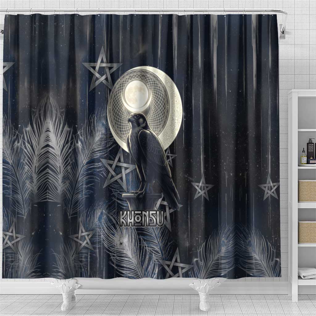 Khonsu Shower Curtain Ancient Egyptian Dark Feather Pattern, Moonlit Raven Symbol, and Eye Lotus - Wonder Print Shop