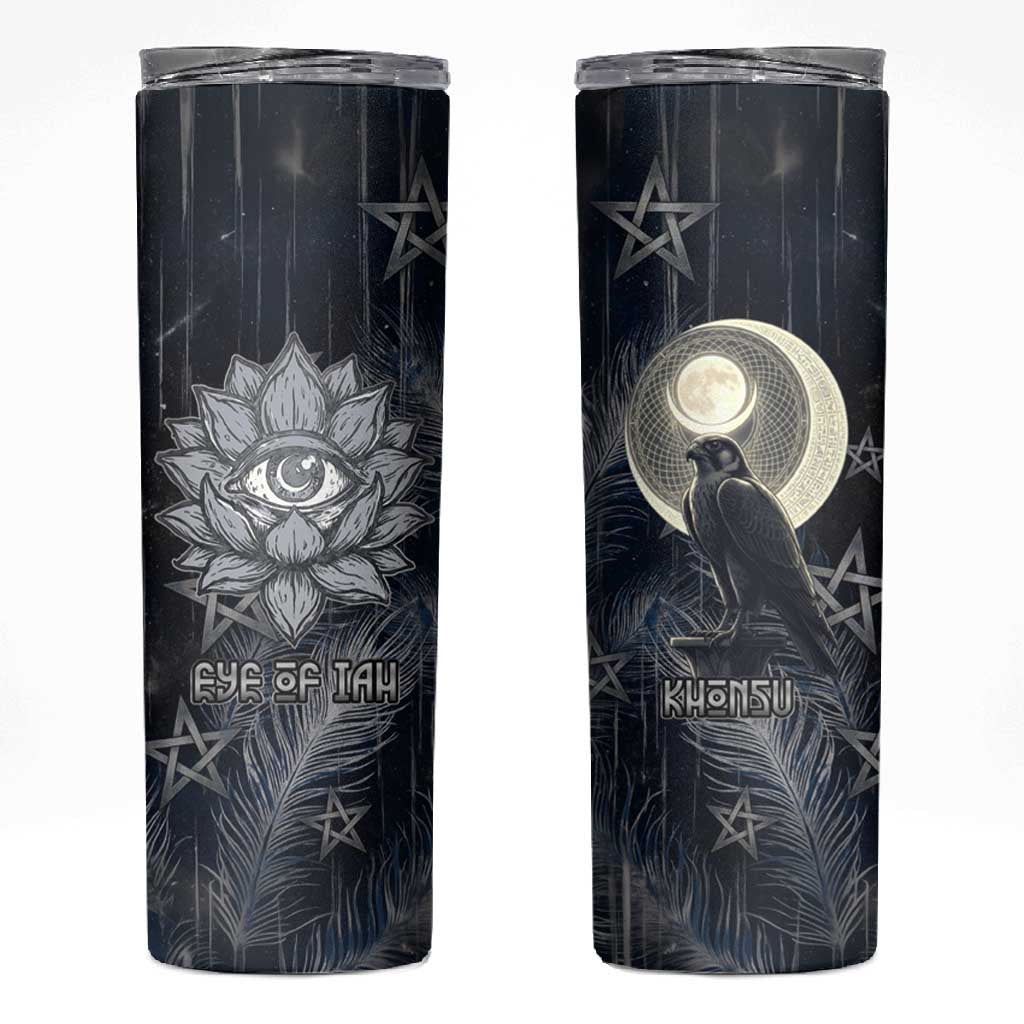 Khonsu Skinny Tumbler Ancient Egyptian Dark Feather Pattern, Moonlit Raven Symbol, and Eye Lotus - Wonder Print Shop