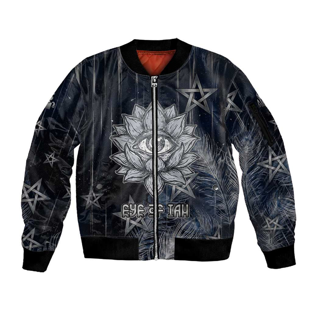 Khonsu Sleeve Zip Bomber Jacket Ancient Egyptian Dark Feather Pattern, Moonlit Raven Symbol, and Eye Lotus - Wonder Print Shop