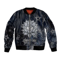 Khonsu Sleeve Zip Bomber Jacket Ancient Egyptian Dark Feather Pattern, Moonlit Raven Symbol, and Eye Lotus - Wonder Print Shop