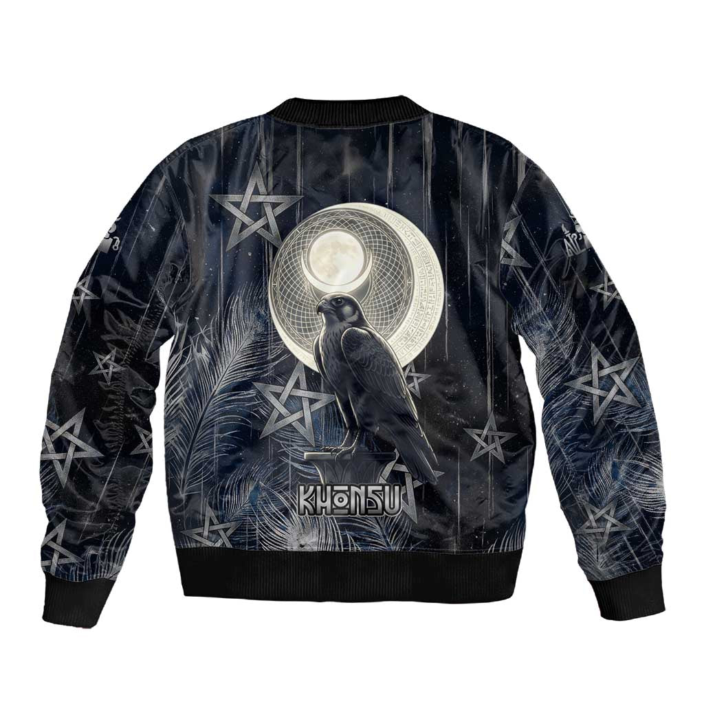 Khonsu Sleeve Zip Bomber Jacket Ancient Egyptian Dark Feather Pattern, Moonlit Raven Symbol, and Eye Lotus - Wonder Print Shop