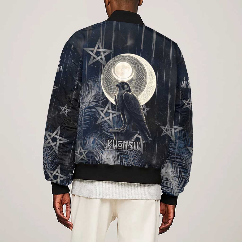 Khonsu Sleeve Zip Bomber Jacket Ancient Egyptian Dark Feather Pattern, Moonlit Raven Symbol, and Eye Lotus - Wonder Print Shop