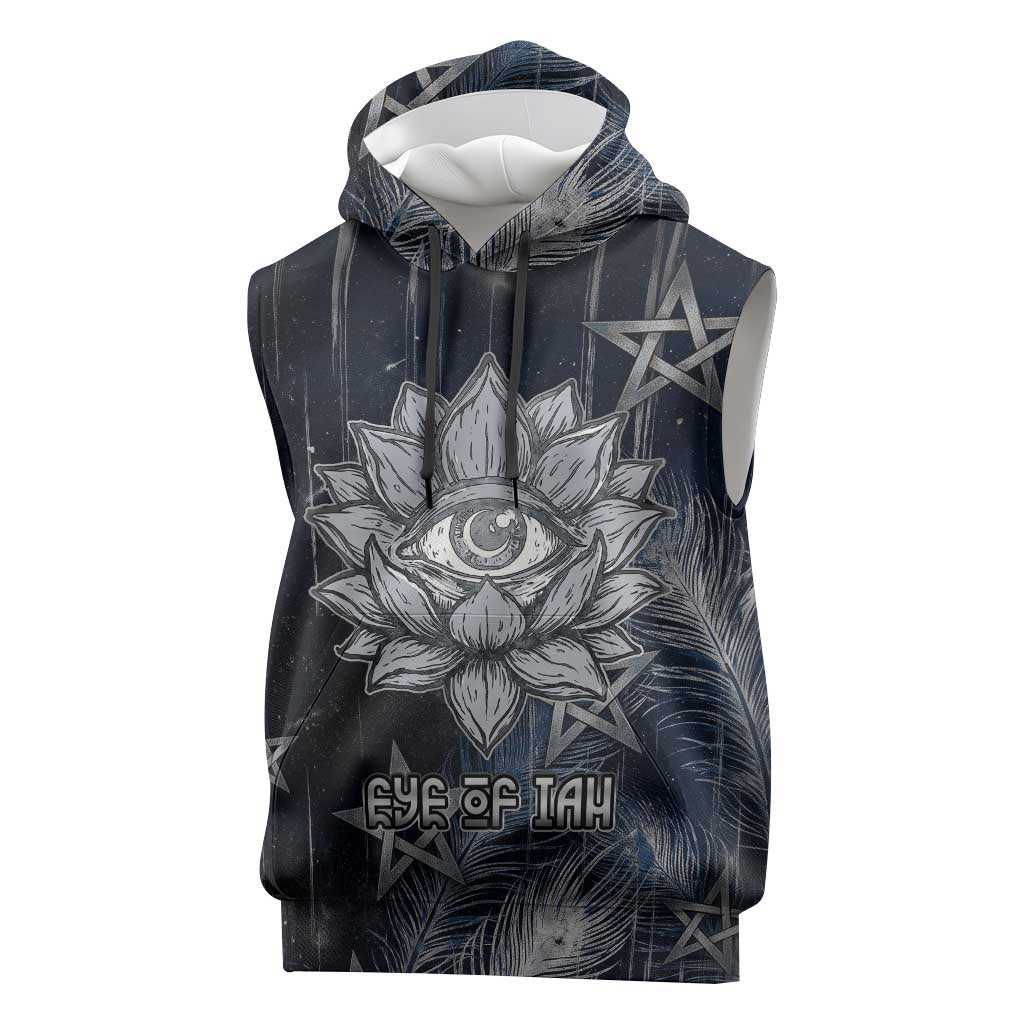 Khonsu Sleeveless Hoodie Ancient Egyptian Dark Feather Pattern, Moonlit Raven Symbol, and Eye Lotus - Wonder Print Shop