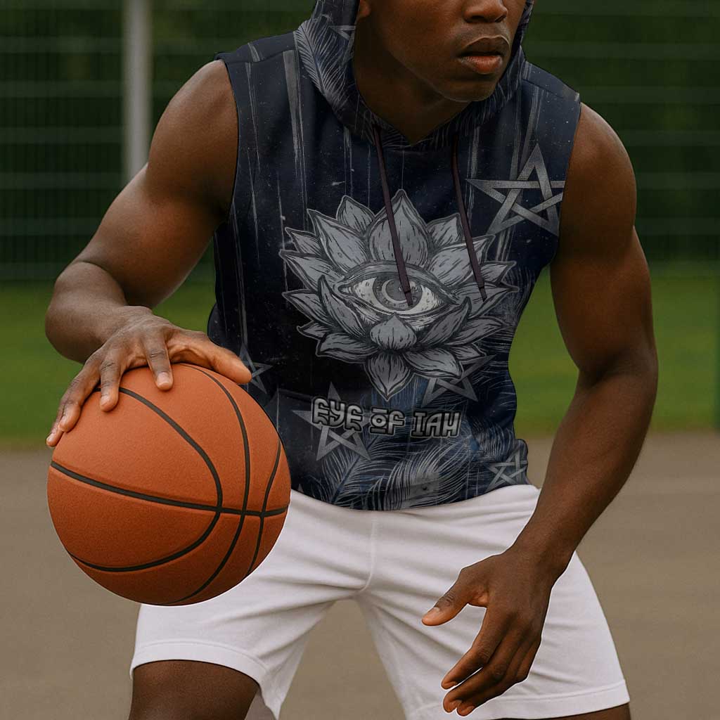 Khonsu Sleeveless Hoodie Ancient Egyptian Dark Feather Pattern, Moonlit Raven Symbol, and Eye Lotus - Wonder Print Shop