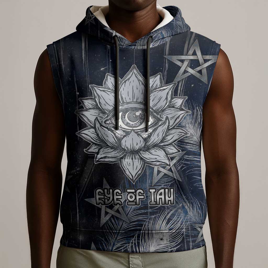 Khonsu Sleeveless Hoodie Ancient Egyptian Dark Feather Pattern, Moonlit Raven Symbol, and Eye Lotus - Wonder Print Shop