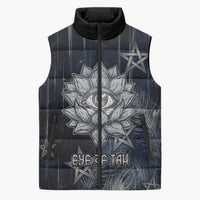 Khonsu Sleeveless Puffer Jacket Ancient Egyptian Dark Feather Pattern, Moonlit Raven Symbol, and Eye Lotus - Wonder Print Shop